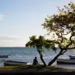 Île Maurice - Vue bord d'océan pêcheur arbre bateaux